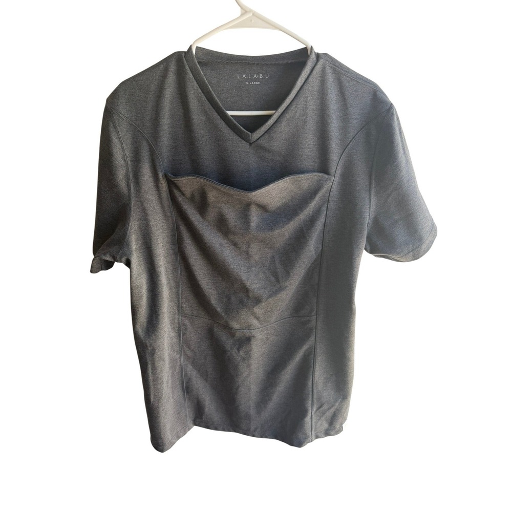 Lalabu XL Unisex Grey Baby Wearing Short Sleeve V-neck Kangaroo Pouch Tee‎